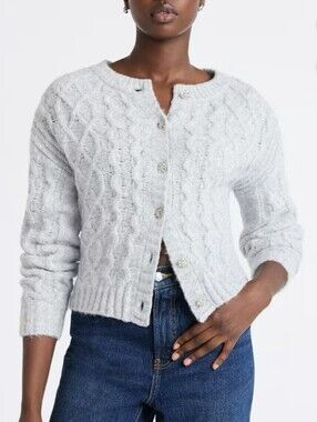 5/$15 Free Assembly Cropped Cable Knit Gray Silver Rhinestone Cardigan Sweater